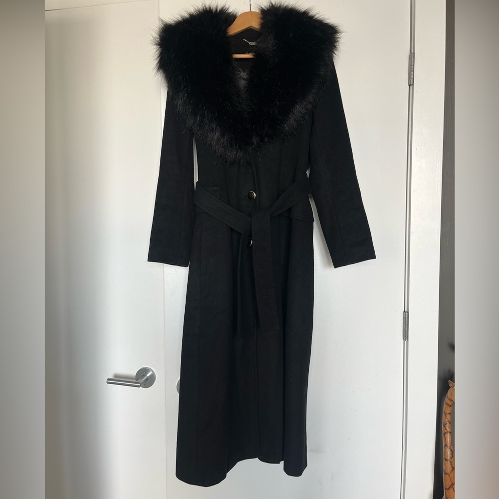 Calvin Klein Black Faux-Fur (Removable) Shawl Wool-Blend Wrap Coat (Size 6)